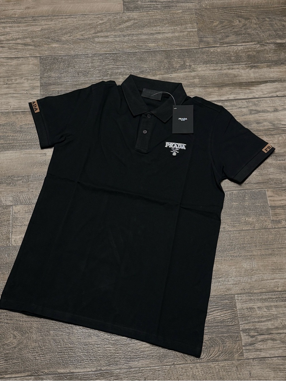 Prada Black Men's Polo with Contrast Sleeve Tabs